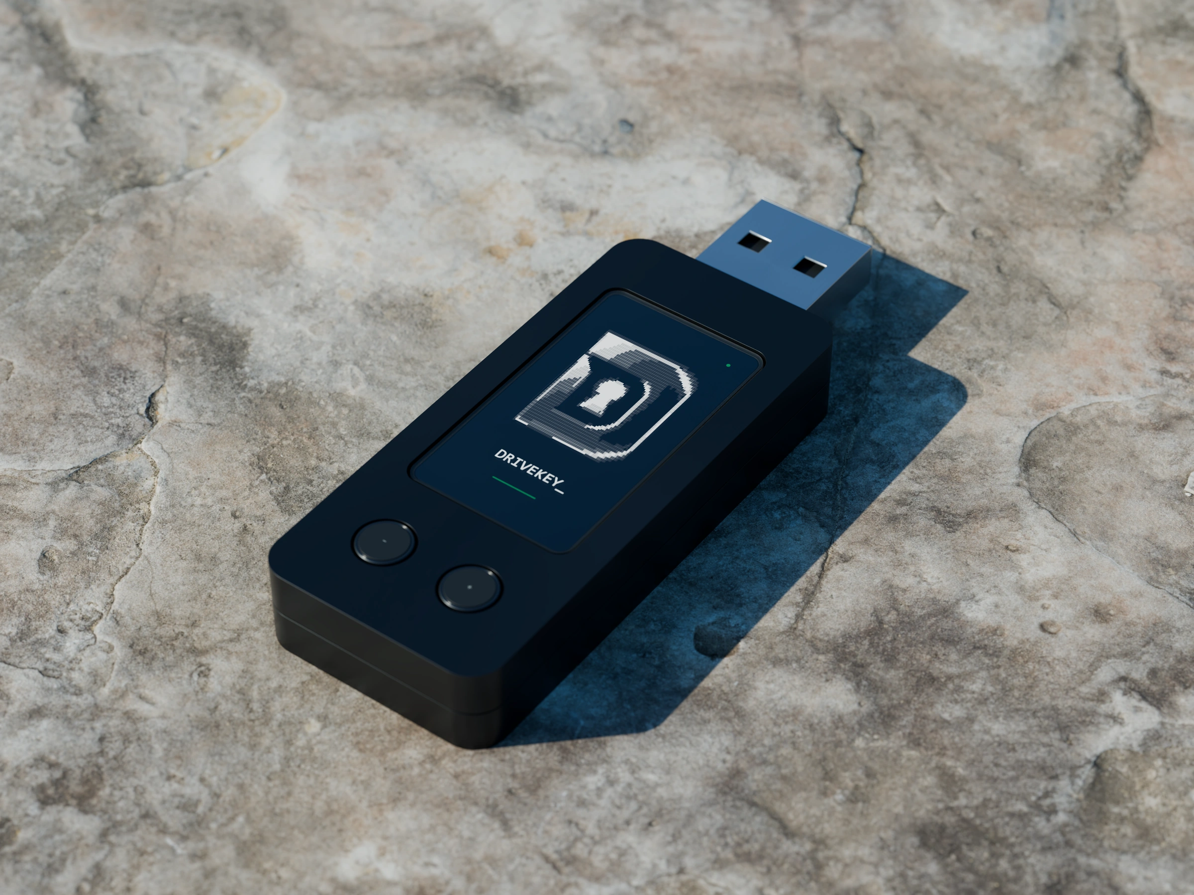 DriveKey USB on sunlit stone, showing the graphite housing and official DriveKey logo